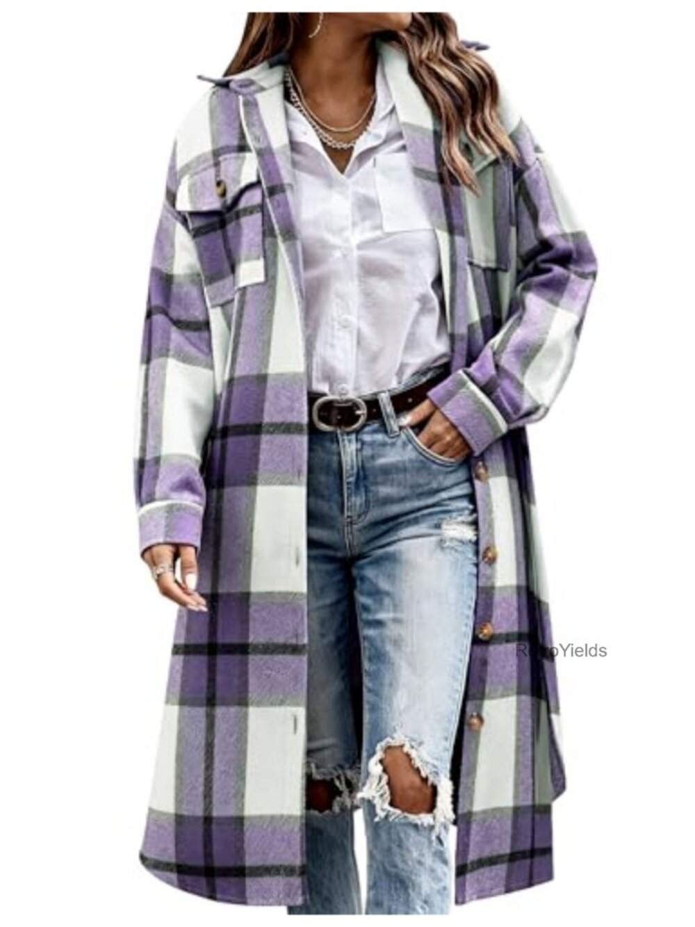 Plaid Flannel Trench Coat Button Down Long Shacket Fall Layering